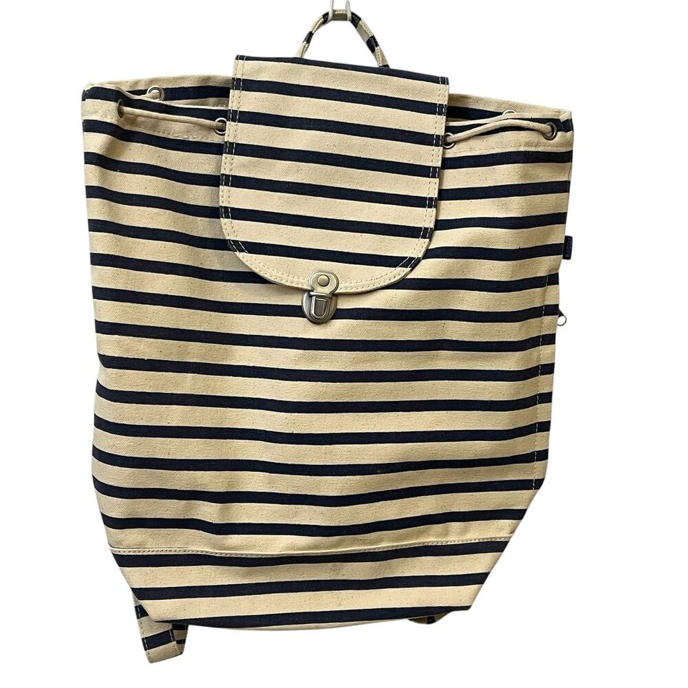 BAGGU Sailor Stripe Canvas Drawstring Backpack Black Cream Discontinued Large